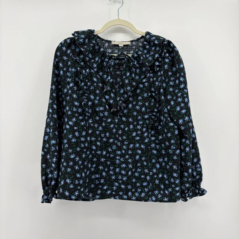 Loft Blouse Black Blue Floral Women M Petite Ruffle V-Neck Long Sleeve Tie Front